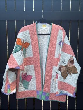 Vintage-Inspired Pink/Orange Butterfly Quilted Jacket